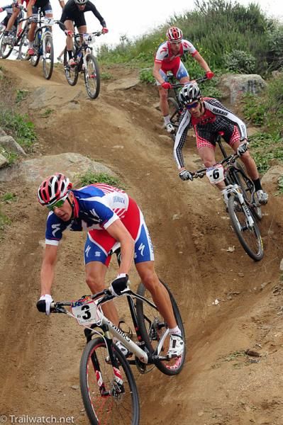 Todd Wells (Specialized) leading a group of seven down the descent.