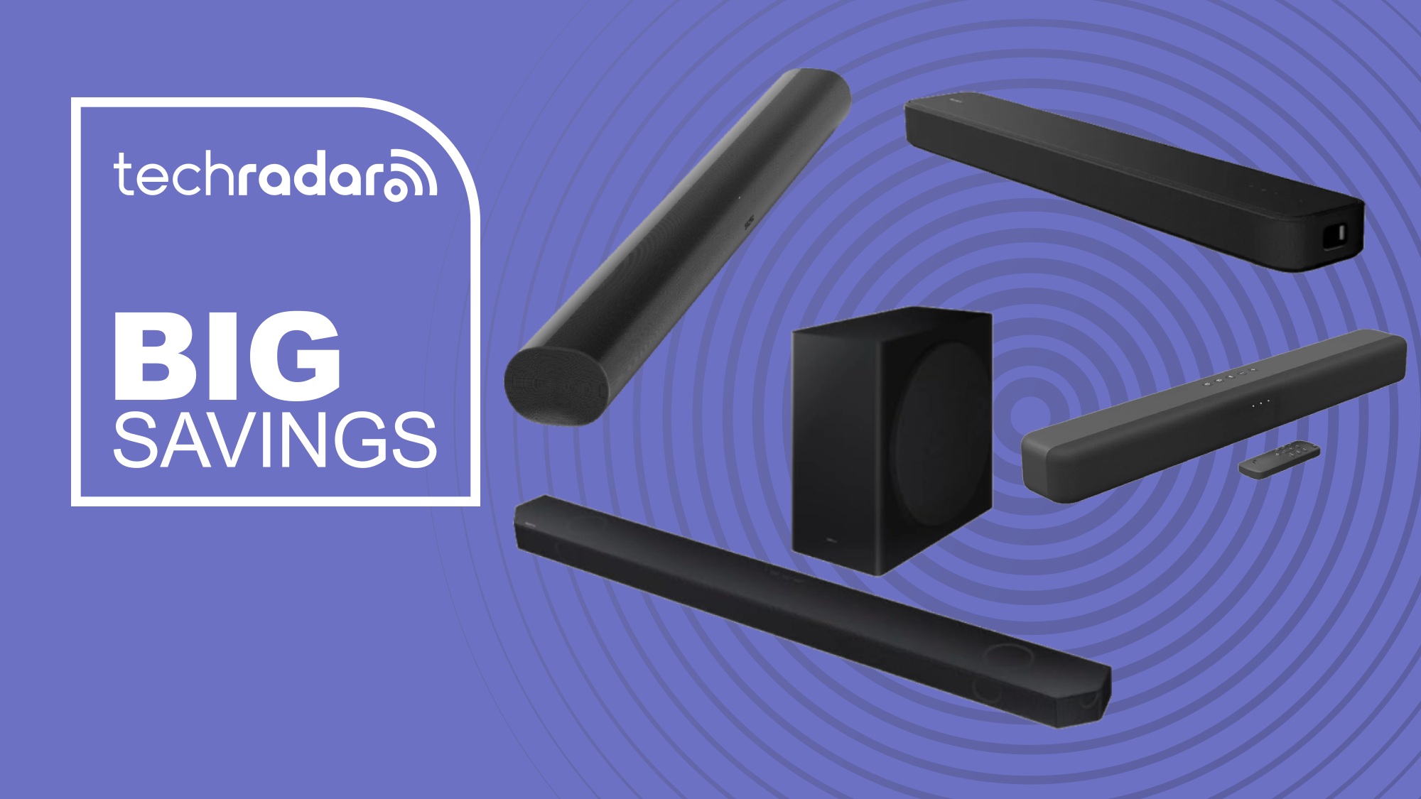 Deal image with Samsung HW-Q800D, Sony HT-S2000, Sonos Arc and Amazon Fire TV soundbar on purple background 