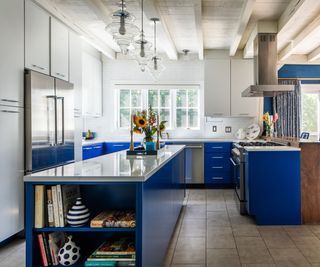 Blue and white kitchen with chrome ceiling lights