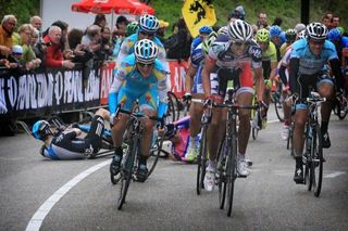 Damiano Cunego (Lampre-ISD) and Lars-Petter Nordhaug (Team Sky) hit the deck 300m from the line at Amstel Gold