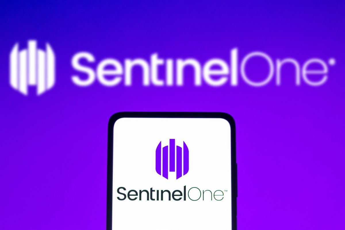 SentinelOne logo displayed on a smartphone and on a blue background