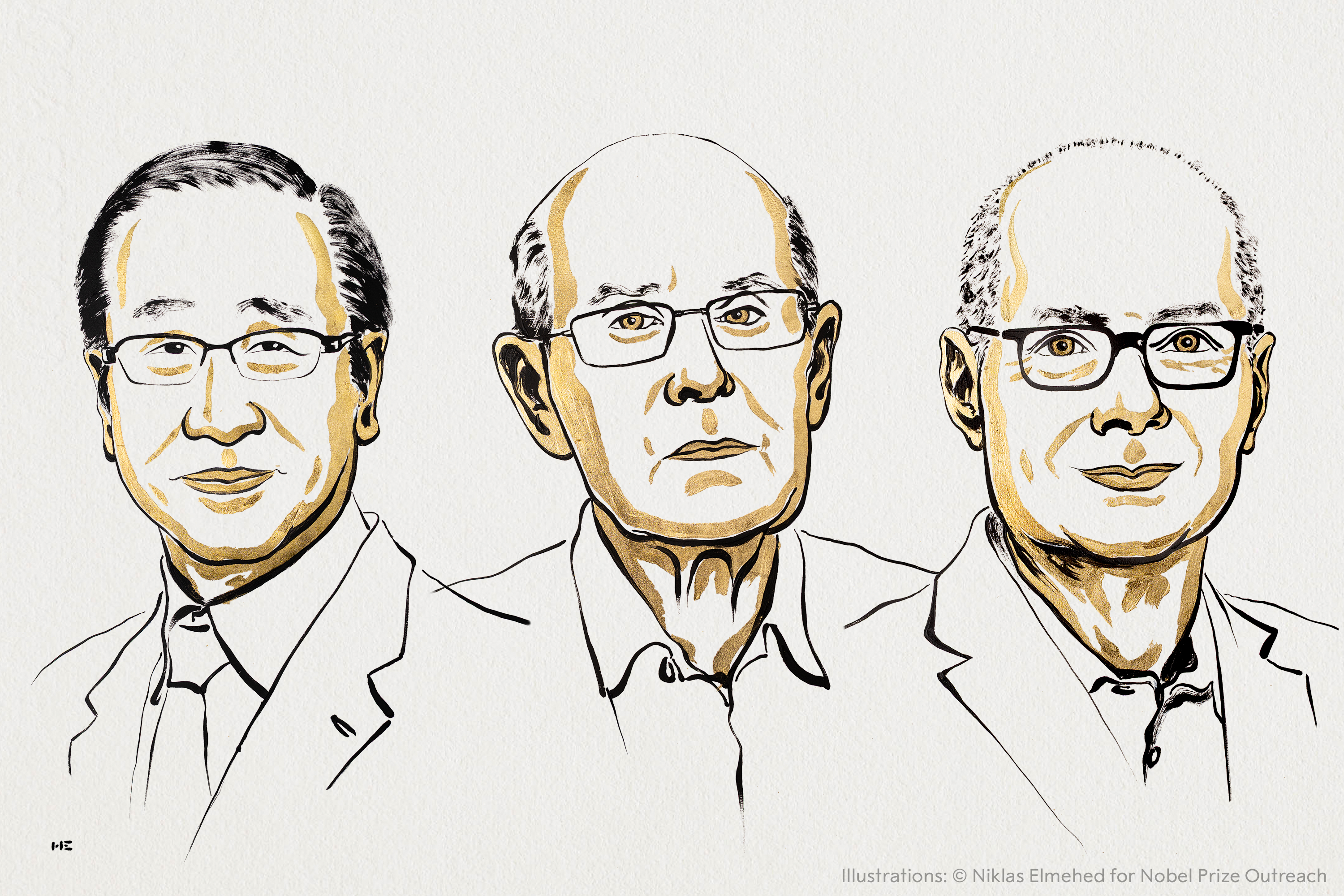 An illustration of the 2025 Nobel Prize in Chemistry winners, Susumu Kitagawa, Richard Robson, Omar M. Yaghi.