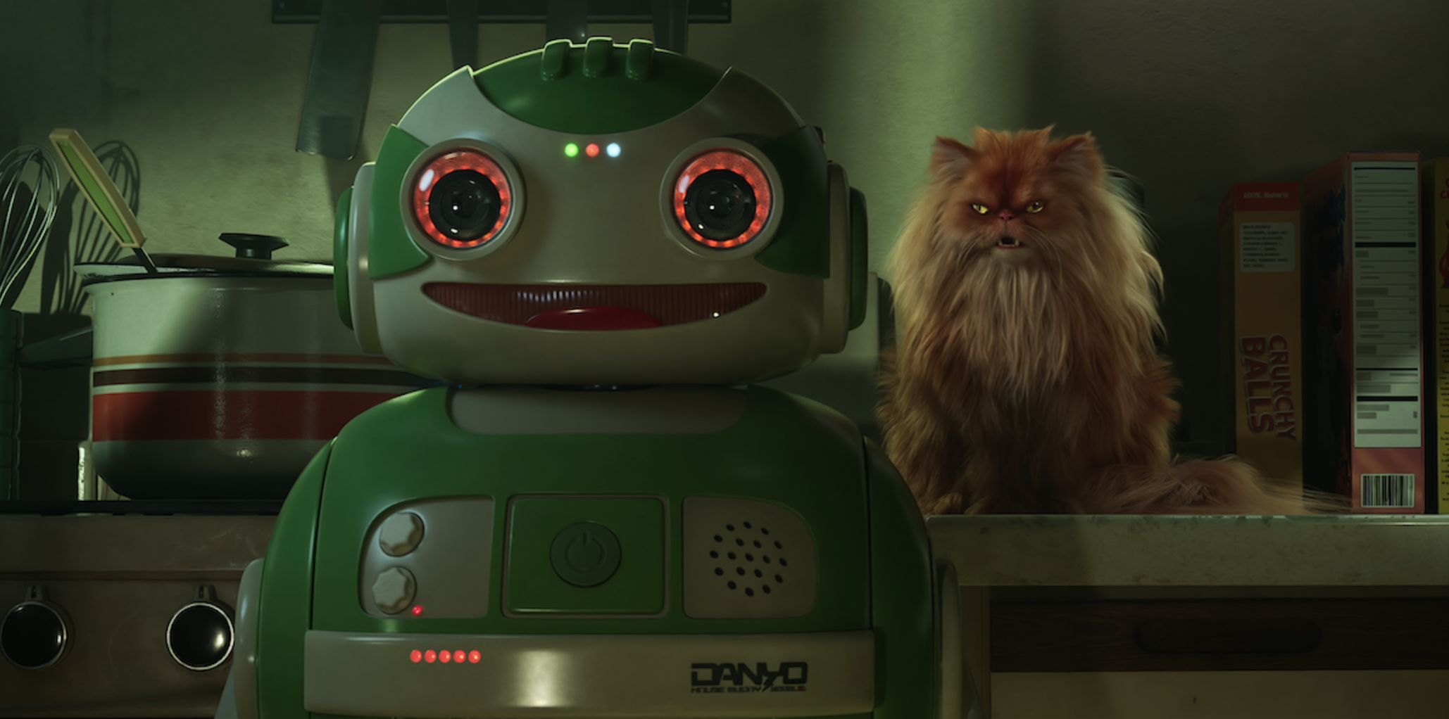 A green robot with red eyes stands beside a golden-haired cat