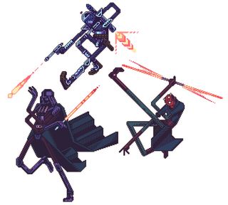 Pixel art: Darth Vader, Darth Maul and Jango Fett fighting with light sabres and laser guns