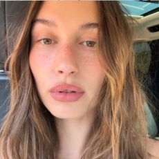 Hailey Bieber taking a selfie with the worn brunette hair trend