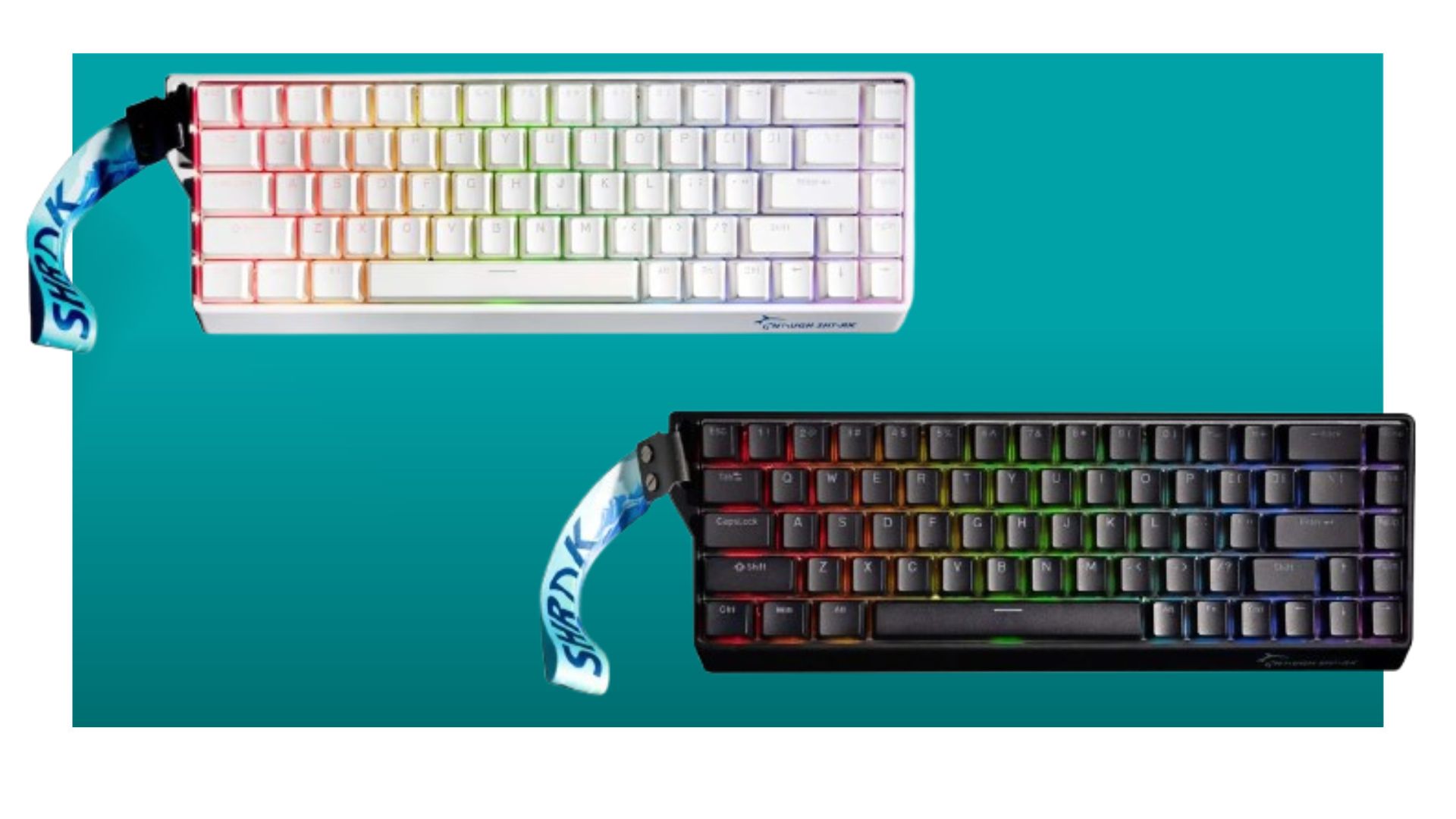Two Gamakay X Naughshark NS 68 gaming keyboards on a blue background