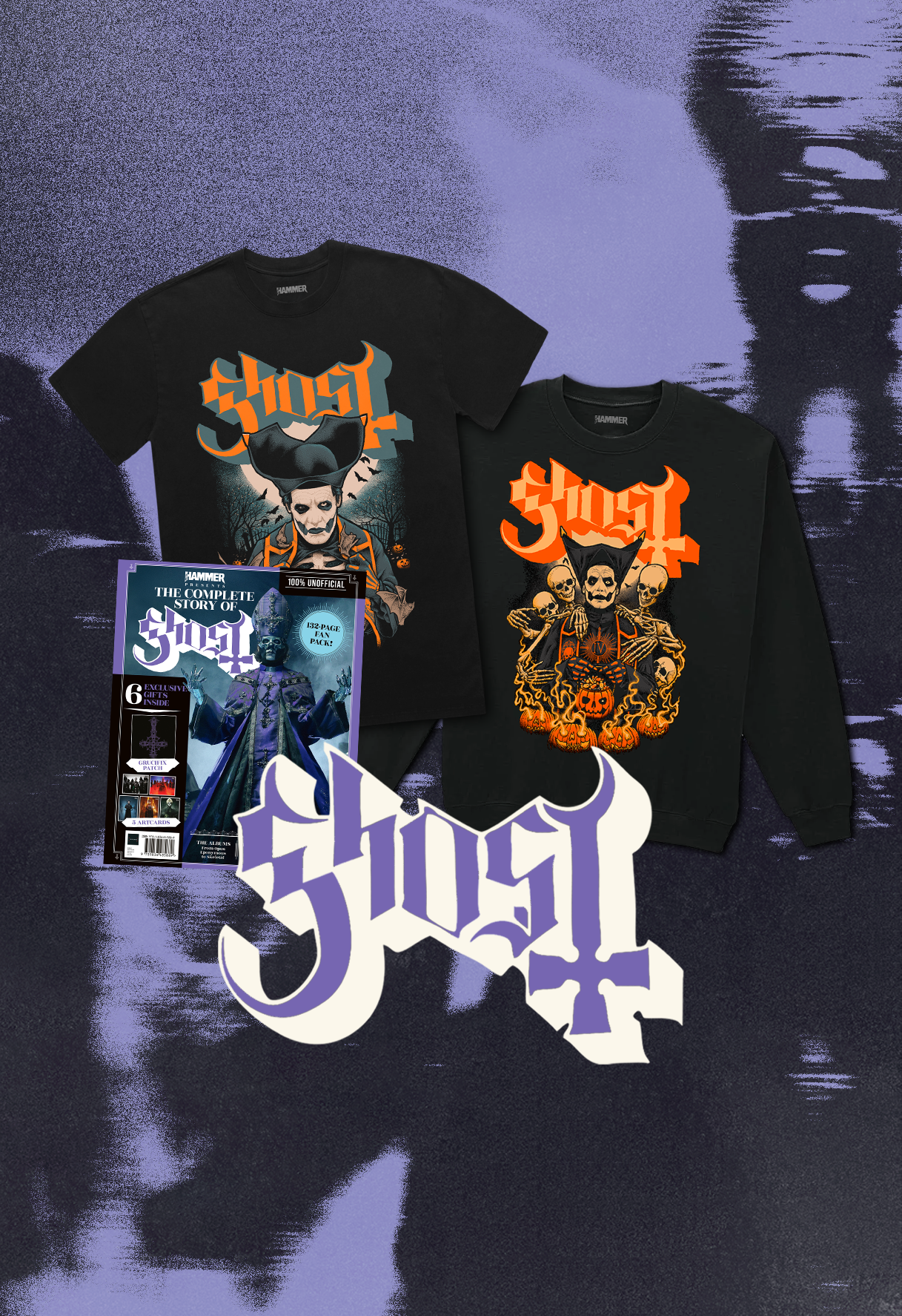 Ghost-themed sweatshirt, t-shirt and book, next to the Ghost logo