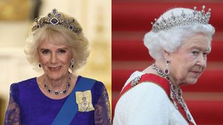 Queen Camilla and Queen Elizabeth side-by-side wearing tiaras