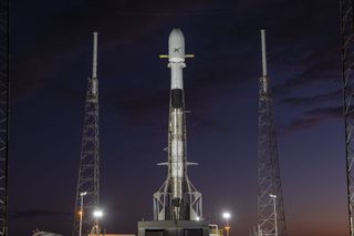 A SpaceX Falcon 9 rocket carrying 60 satellites for the company's Starlink broadband internet constellation stands atop Space Launch Complex 40 at Cape Canaveral Air Force Station in Florida ahead of a Nov. 11, 2019 launch.