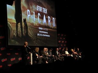 The cast and showrunners of "Star Trek: Picard" at New York Comic Con on Oct. 5, 2019.