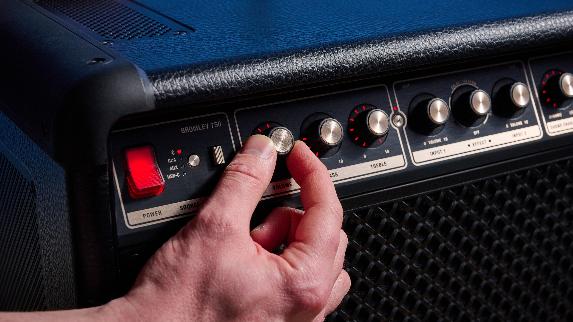 A black and brass Marshall Bromley 750 party speaker