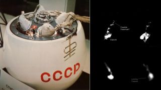 two images: on the left, an off-white ball-shaped spacecraft capsule marked by the letters "CCCP"; on the right, four images of a roughly ball-shaped white splotch on a white background