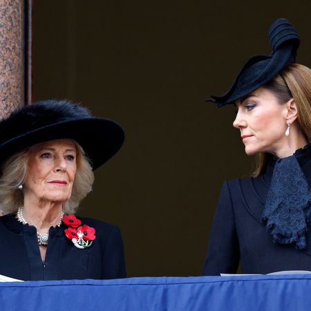 Queen Camilla and Kate Middleton box wear black outfits and red poppies on Remembrance Sunday at The Cenotaph in London