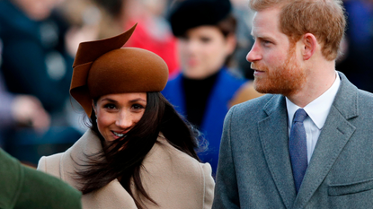 US actress and fiancee of Britain's Prince Harry Meghan Markle and Britain's Prince Harry arrive to attend the Royal Family's traditional Christmas Day