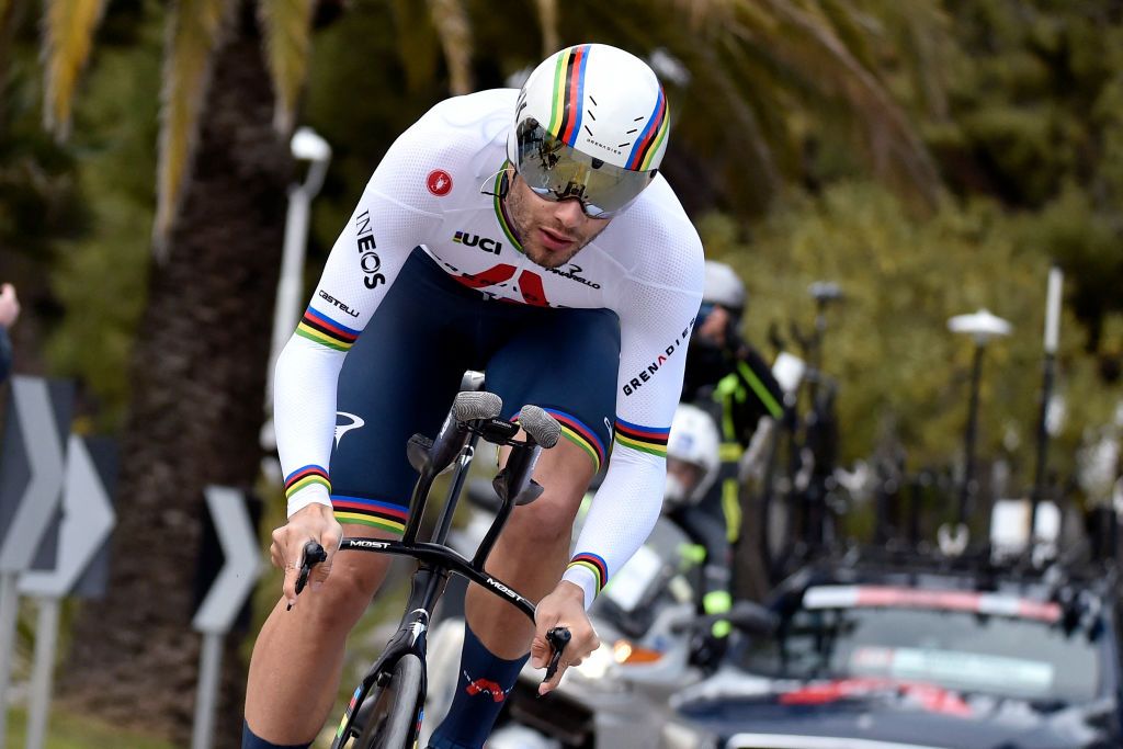 Individual time trial World Champion Italys rider Filippo Ganna of Ineos Grenadiers competes during the 10 km individual time trial and last stage from San Benedetto del Tronto to San Benedetto del Tronto of the 56th edition of Tirreno Adriatico on March 16 2021 Slovenia rider Tadej Pogacar of UAE Team Emirates won the 56th edition of the Tirreno Adriatico 2021 cycling race Photo by AFP Photo by AFP via Getty Images