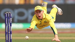Marnus Labuschagne of Australia drives for the ball ahead of the India vs Australia live stream for the Cricket World Cup final 2023