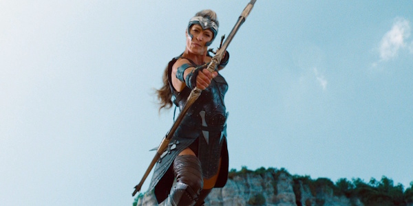 Robin Wright&#039;s General Antiope shooting an arrow in the air