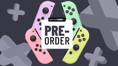 Pastel Nintendo Switch Joy-Cons around a pre-order badge