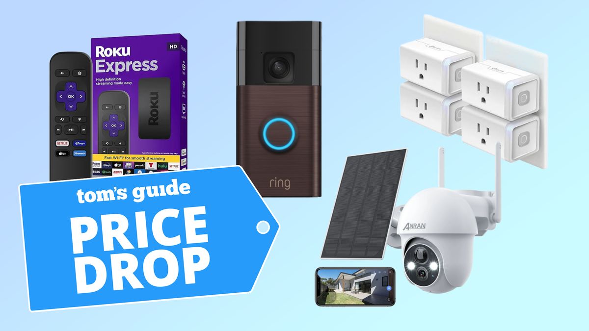 Compilation image featuring a Roku Express streaming device, Ring Video Doorbell, Anran 2K Security Camera and Kasa Smart Plug