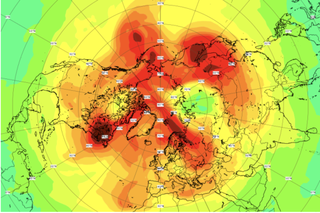Ozone-rich air (red) floods the atmosphere over the North Pole on April 23, closing the single largest ozone hole ever detected in the Arctic.