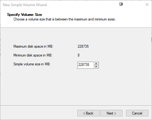 windows new volume size