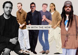 A collage with the words "In With the New" on it in front of pictures of Julian Klausner, Matthieu Blazy, Haider Ackermann, Jonathan Anderson, Louise Trotter, and Alessandro Michele.