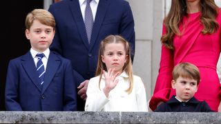 Prince George, Prince William, Princess Charlotte, Prince Louis and Princess Catherine stand on the Buckingham Palace balcony