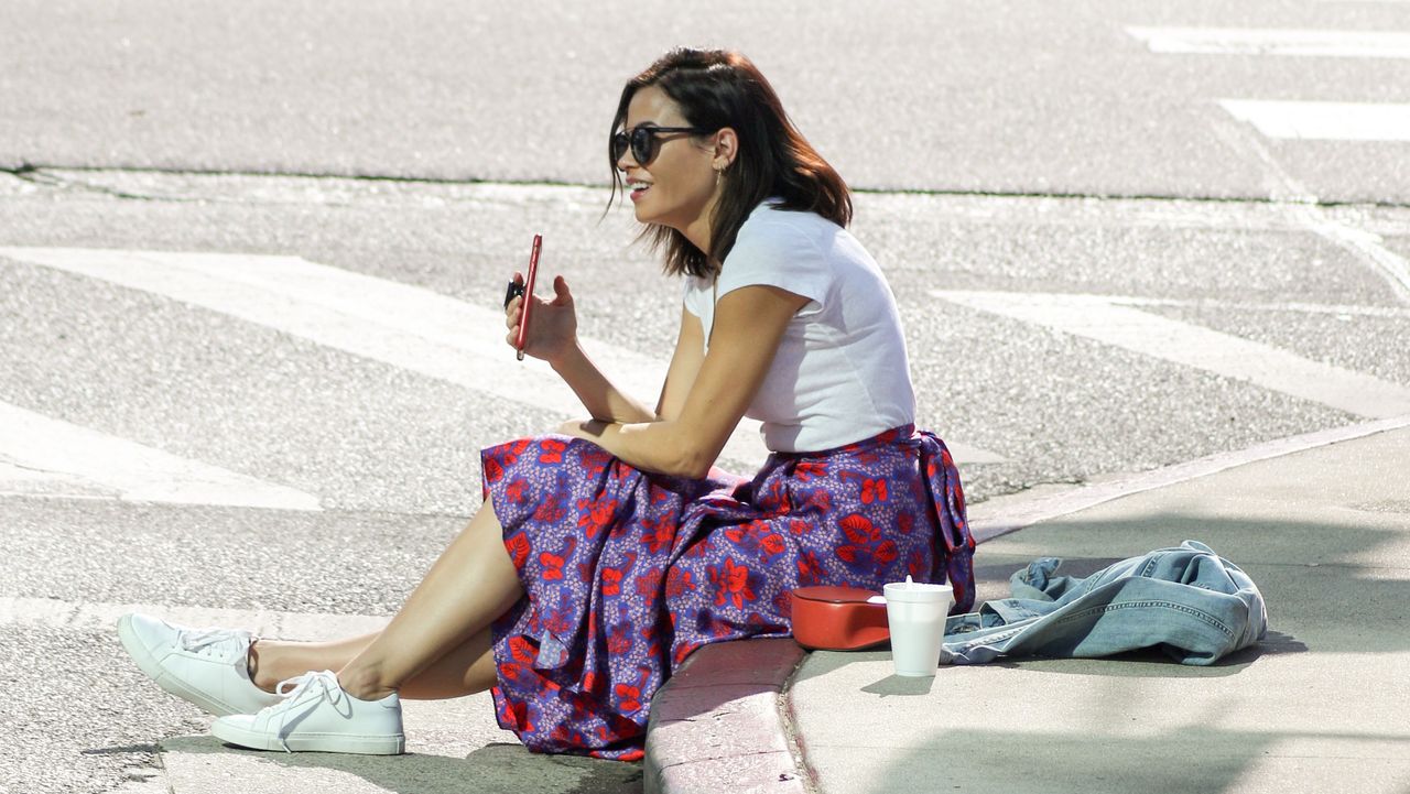 White, Photograph, Eyewear, Sitting, Sunglasses, Beauty, Glasses, Leg, Street fashion, Snapshot, 