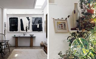 Left: White interior with three pieces of black and white artwork. Right: plants with a glass globe