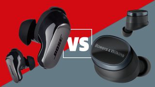 The Bose QuietComfort Ultra Earbuds and Bowers & Wilkins Pi8 wireless earbuds on a grey and red background with a 'vs' symbol between them.