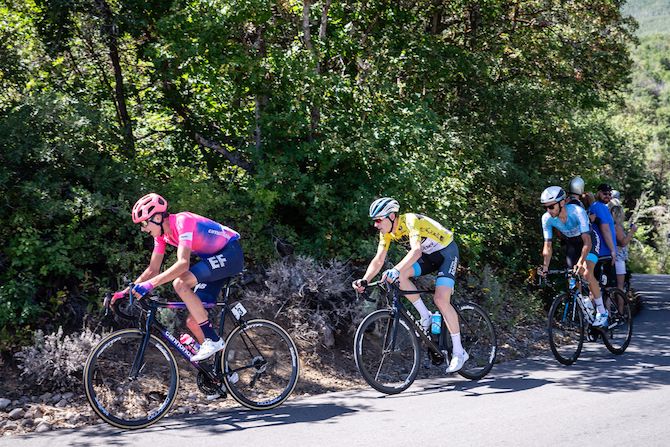 Joe Dombrowski (EF Education First) leads Ben Hermans (Israel Cycling Academy) and James Piccoli (Elevate-KHS) during stage 6 of the 2019 Tour of Utah