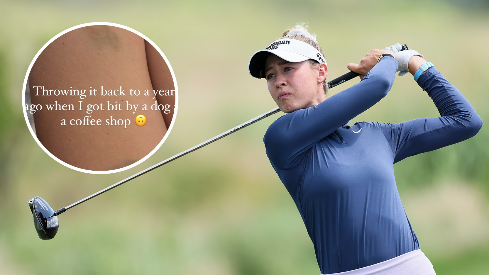 Main image of Nelly Korda hitting driver at the 2025 KPMG Women&#039;s PGA Championship and inset screenshot of Korda&#039;s Instagram story where she shared the photo of her dog bite