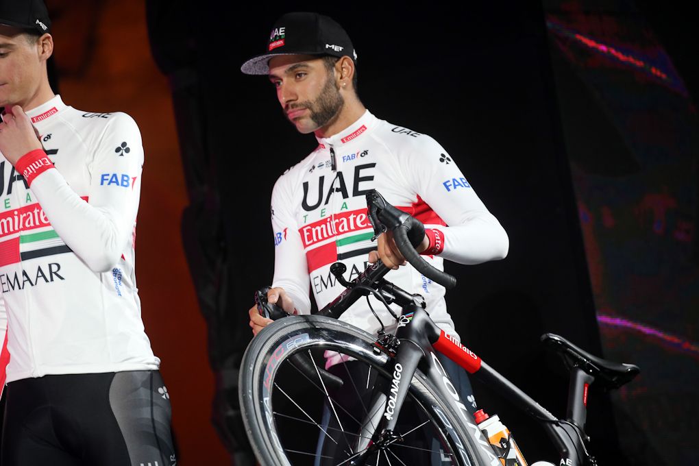 Fernando Gaviria (UAE Team Emirates) on the Giro presentation stage with his machine