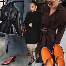 A collage of photos and videos showcasing the fashion items that will define style in 2025, including luxury slippers, Alaïa's Le Teckel Clutch; Phoebe Philo's leather cinch-waist jacket, and suede trench coats.