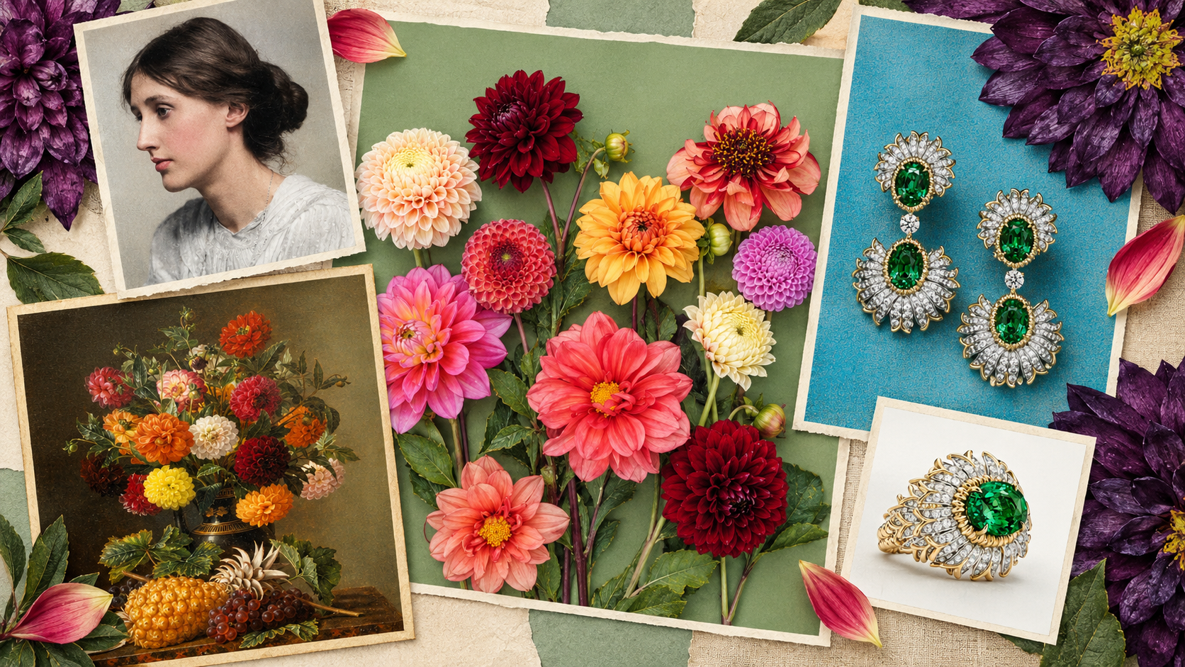 A collage of pictures featuring Virginia Woolf, a painting of some dahlias with a pineapple, dahlia flowers and dahlia-inspired jewellery
