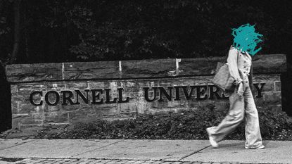 Black-and-white photo of a person walking past a Cornell University stone sign, with their face obscured by a teal scribble.