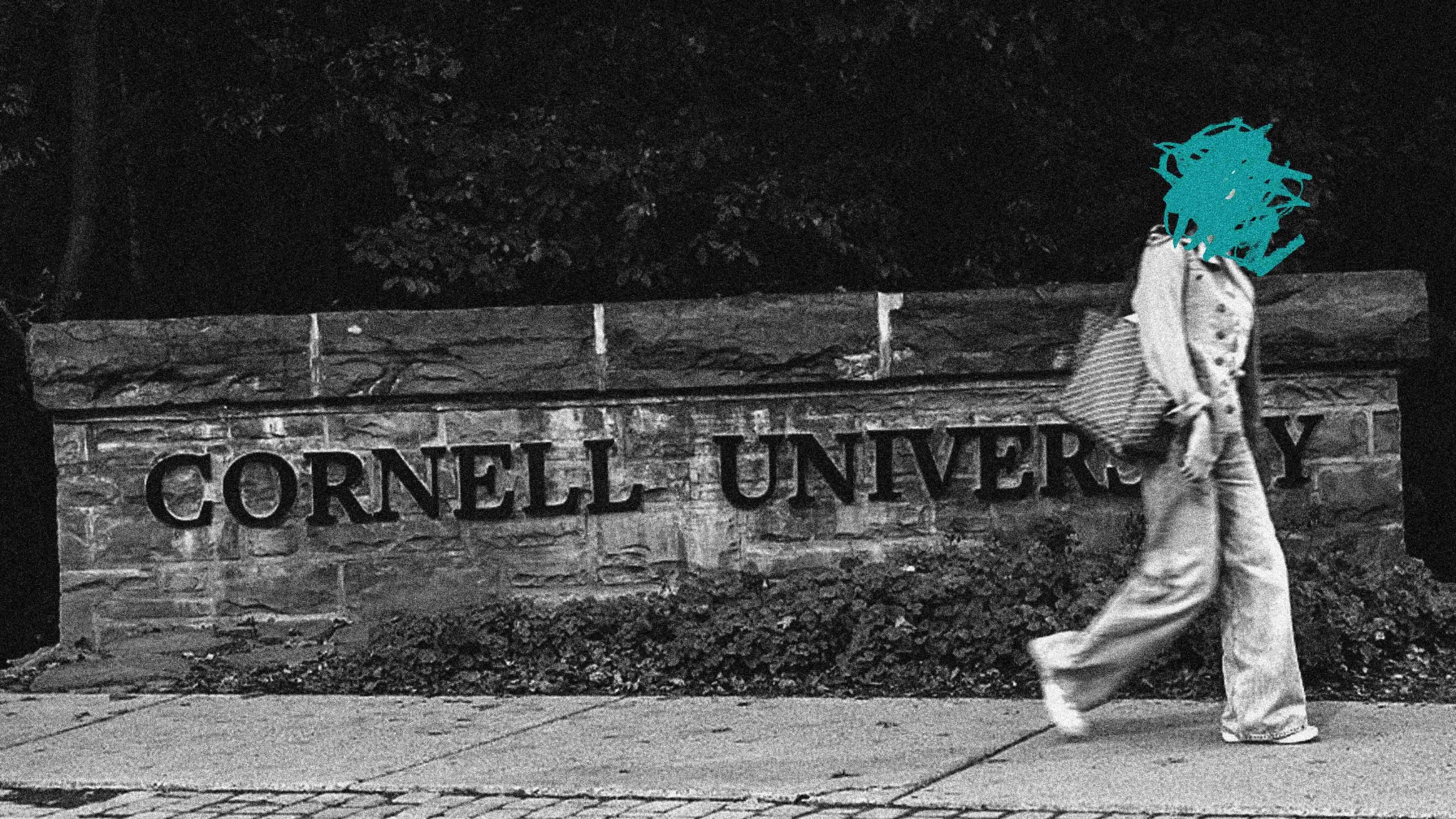 Black-and-white photo of a person walking past a Cornell University stone sign, with their face obscured by a teal scribble.