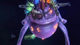 A sedate, smiling, massive purple alien floats in space, face pockmarked with glowing warts.