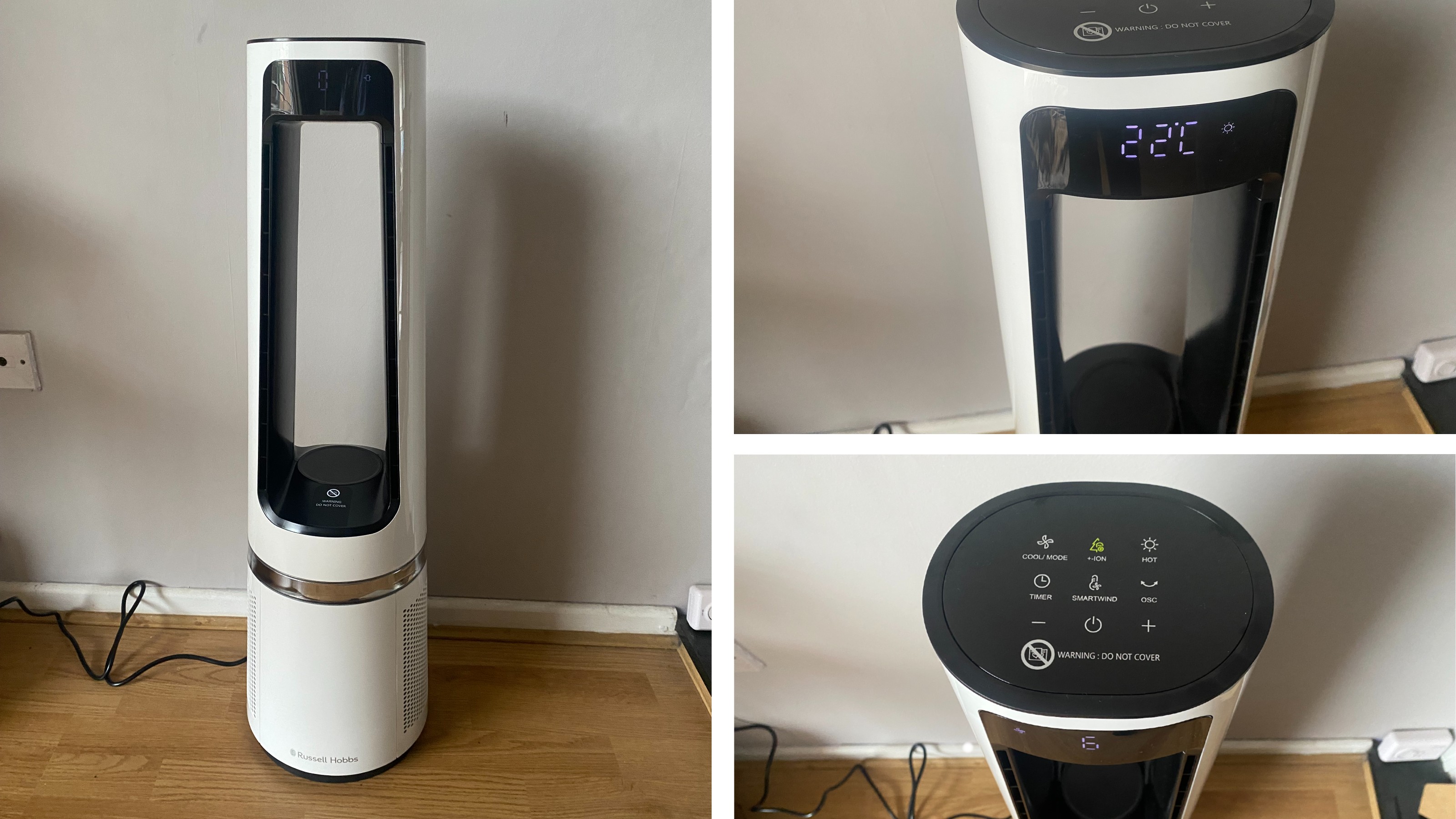 Collage of the Russell Hobbs RHBLDL25 Bladeless Fan Heater being tested in a home