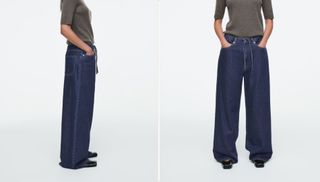 Two images side by side of woman wearing drawstring denim jeans