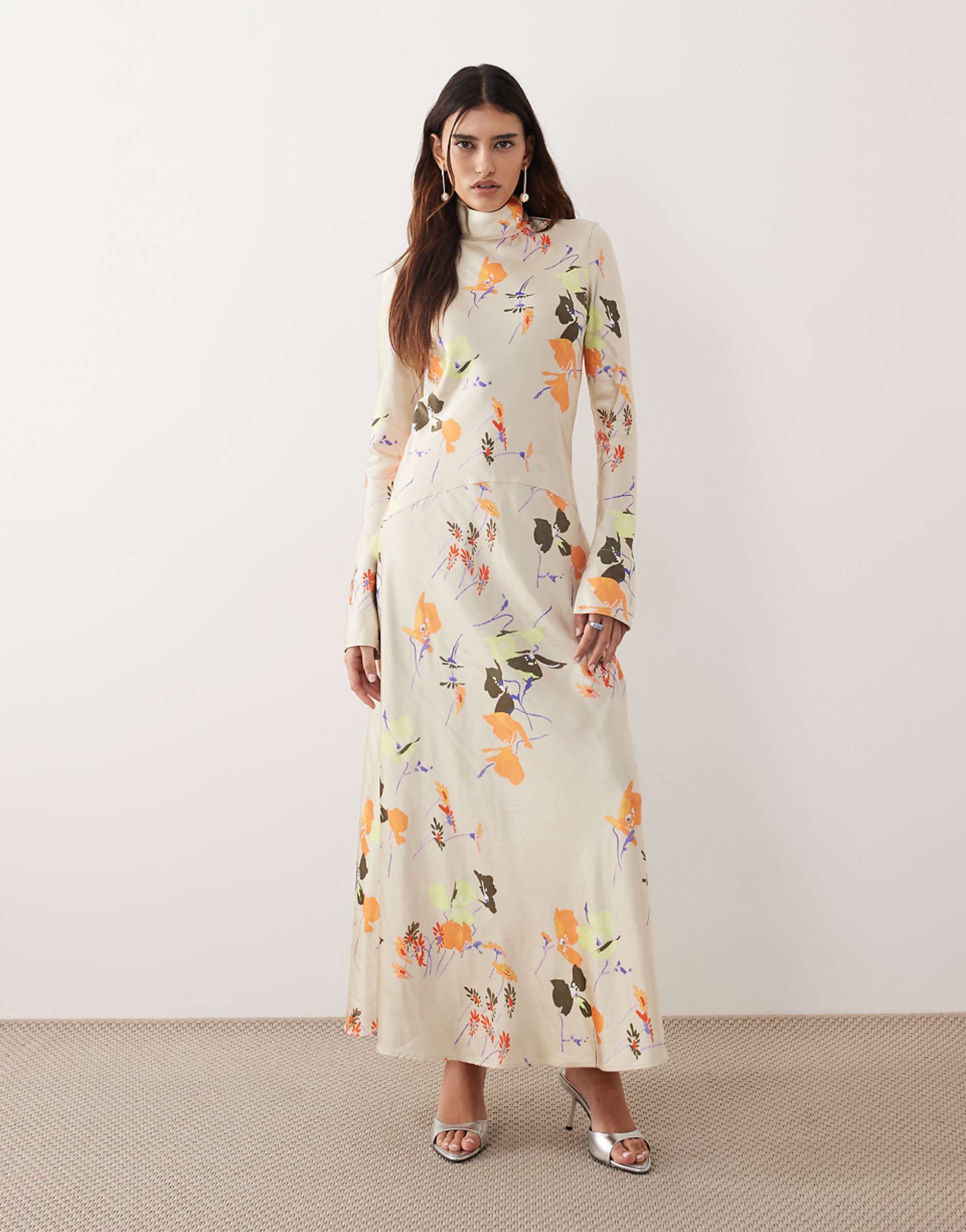 Arrange High Neck Satin Paneled Maxi Dress in Floral Print