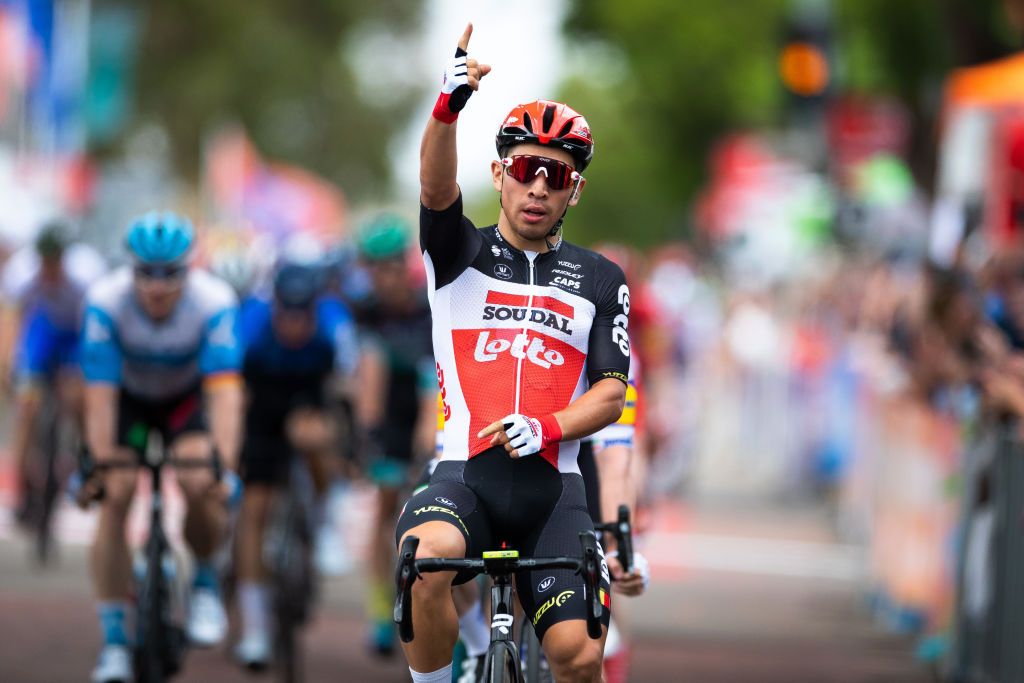 MURRAY BRIDGE AUSTRALIA JANUARY 24 Arrival Caleb Ewan of Australia and Team LottoSoudal Celebration during the 22nd Santos Tour Down Under 2020 Stage 4 a 1528km stage from Norwood to Murray Bridge TDU tourdownunder UCIWT on January 24 2020 in Murray Bridge Australia Photo by Daniel KaliszGetty Images