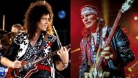 LEFT: Brian May performing on stage at the Freddie Mercury Tribute concert. RIGHT: Steve Vai onstage 1990s 
