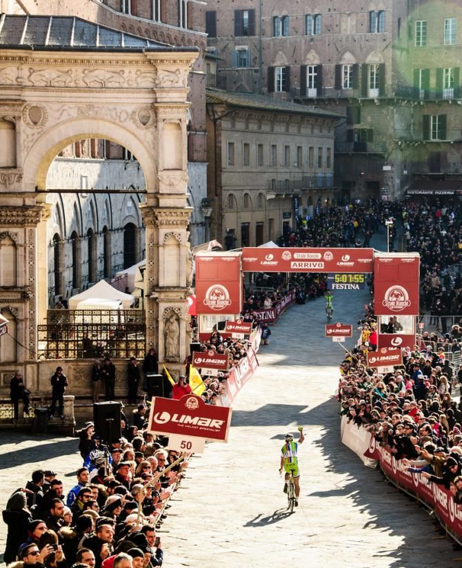 Peter Sagan celebrates a Cannondale 1-2 in Siena's Piazza del Campo behind Moreno Moser at the Strade Bianche.