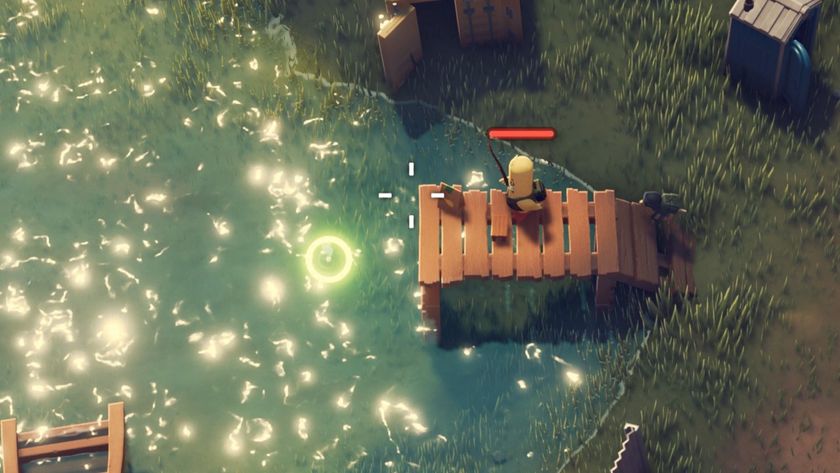 Escape From Duckov - A fuck stands on a wood dock holding a stick fishing rod into a pond