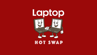 Two cartoon computers shaking hands on a red background with the word Laptop above them and the words Hot Swap beneath them.