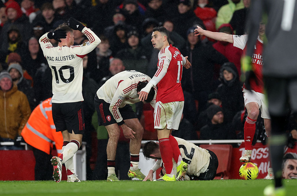 Gabriel Martinelli of Arsenal reacts as Conor Bradley of Liverpool lies injured during the Premier League match between Arsenal and Liverpool at Emirates Stadium on January 08, 2026 in London, England.