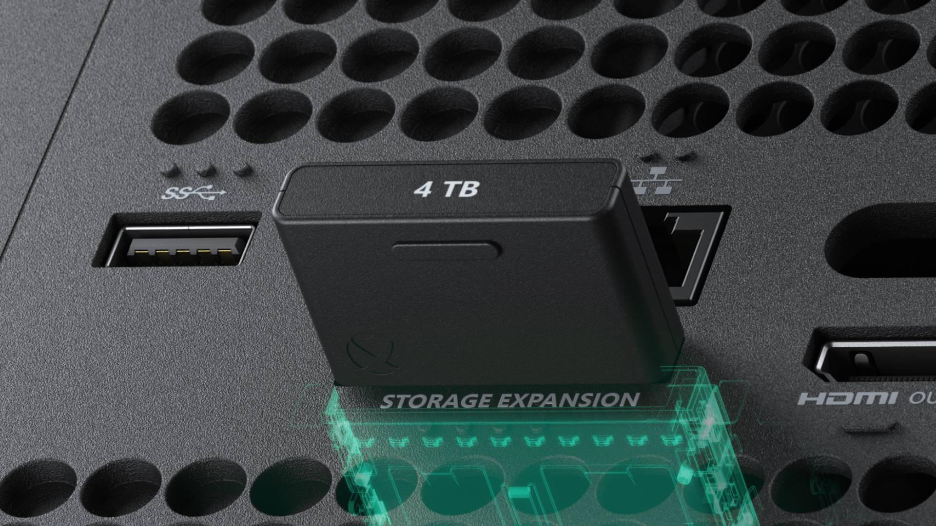 Official promo image of the Seagate 4TB Storage Expansion Card slotted into an Xbox Series X.
