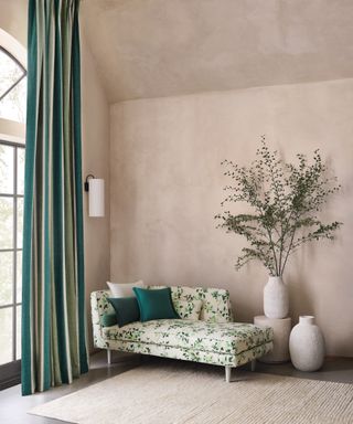 what color drapes curtains are best for summer, taupe earthy living room with botanical print upholstered chaise, shades of green striped curtains, rug, foliage in jug