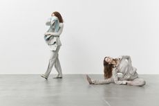 Two models wear René Scheibenbauer on plain background, on left the model is walking, on right, she is doing the splits